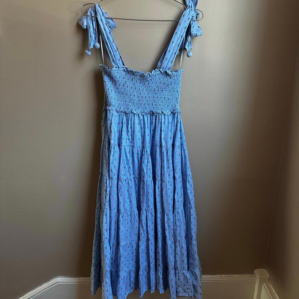 Crown & Ivy blue smocked tiered pom pom shoulder tie maxi dress SIZE M